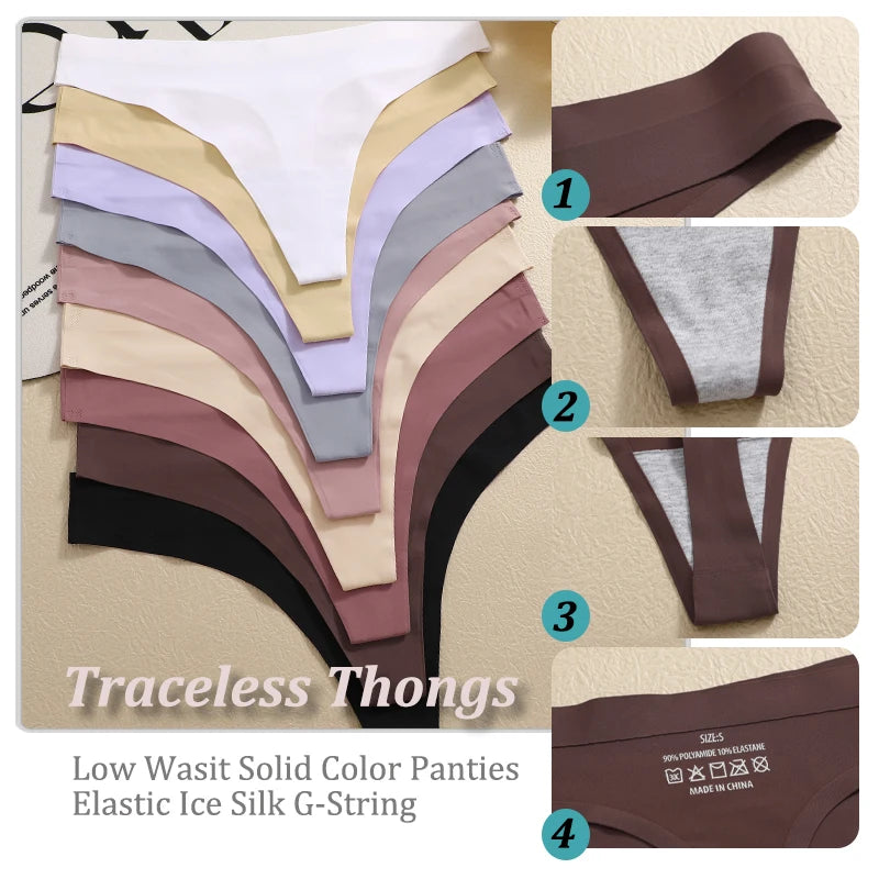 6PCS Women's S-XL Seamless G-String Underpants Low Rise Solid Color Ice Silk Undewear Female Traceless Soft Comfortable Lingerie