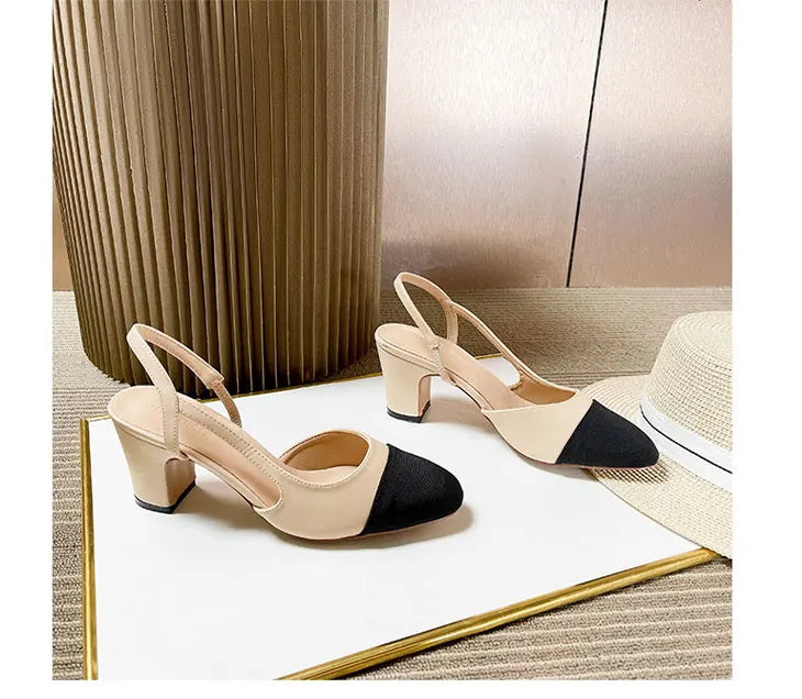 2023Spring Autumn Fashion High Heels Sandals Women's Dress Square Toe Slingback Shoes Women's Color Block Back With Flat Sandals