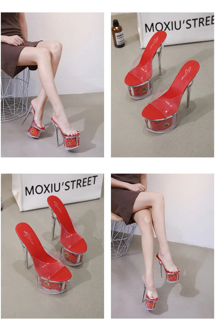 Crystal Transparent Shoes Women 17.5CM Super High Heels Plus Size Nightclub Sandals Clear Thin Heeled Fashion Female Slippers