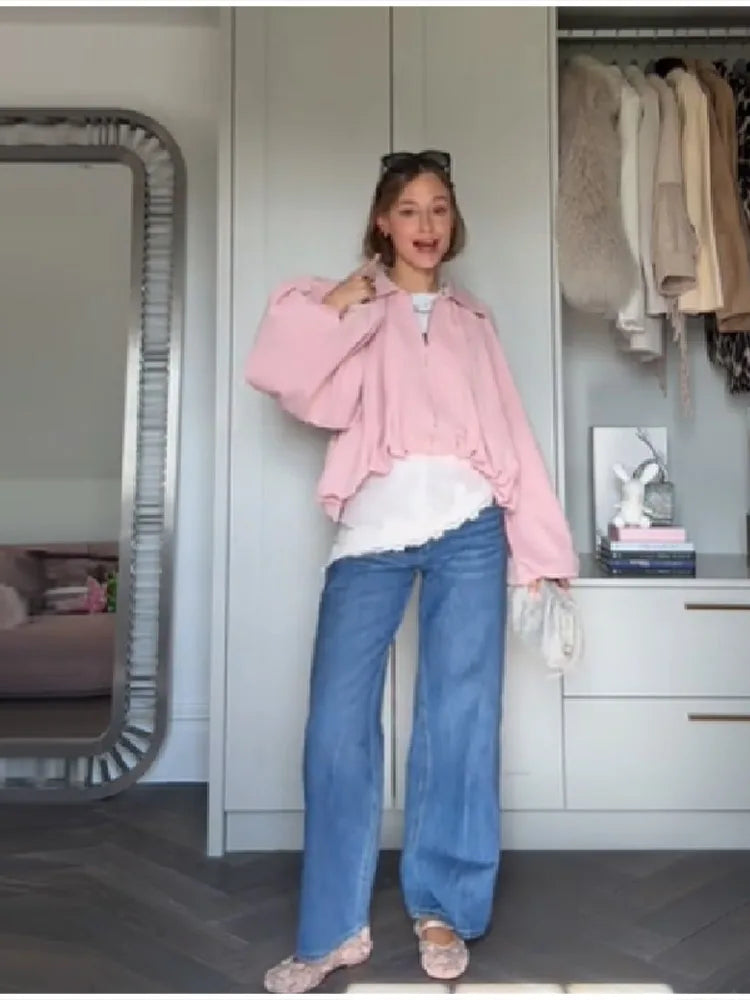 Women's Pink Puff Sleeve Pleated Bomber Jacket Casual Sweet Irregular High Waist Zipper Loose Crop Coat Daily Commute Outerwear