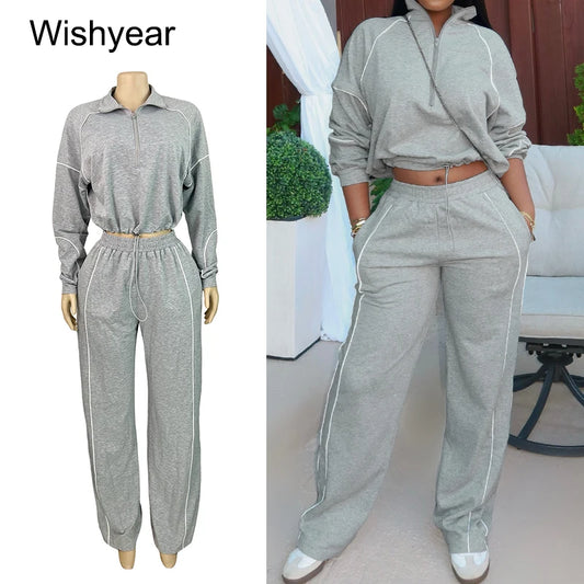 Women's Sports Joggers Stripe Suits 2 Piece Set Long Sleeves Zip Sweatshirt And Wide-leg Pant Casual Sweetwear Outfits Autumn