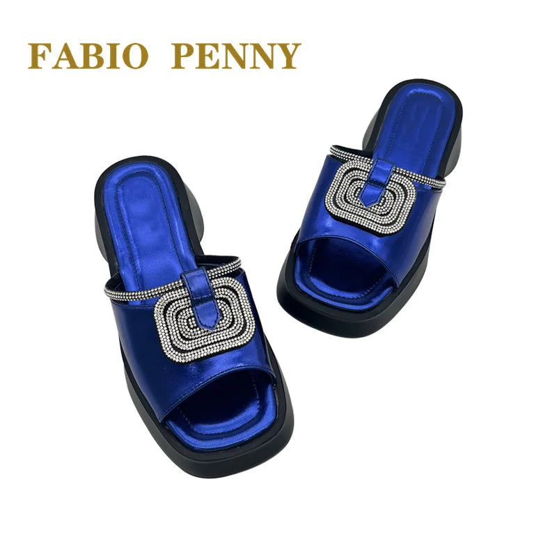 FABIO PENNY2026 new solid-color exquisite water diamond design thick-soled women's fashionable slippers and party sandals