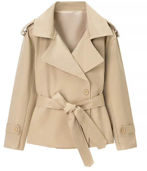 Lace Up Cropped Trench Coat Fashion Women Lapel Long Sleeves Wide Shoulder Windbreaker Jacket Lady 2026 Spring Commuting Outwear