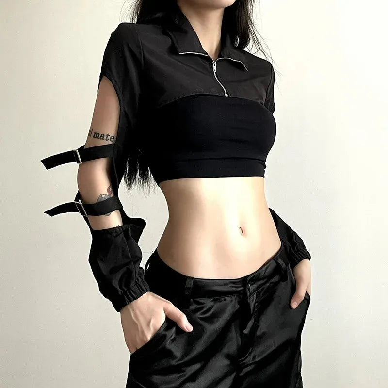 JOEVILU Women's Cyberpunk Goth Harajuku Crop Tops Long Sleeve Hollow Out Zipper T Shirt Y2K Grunge Streetwear Jacket for Dancing