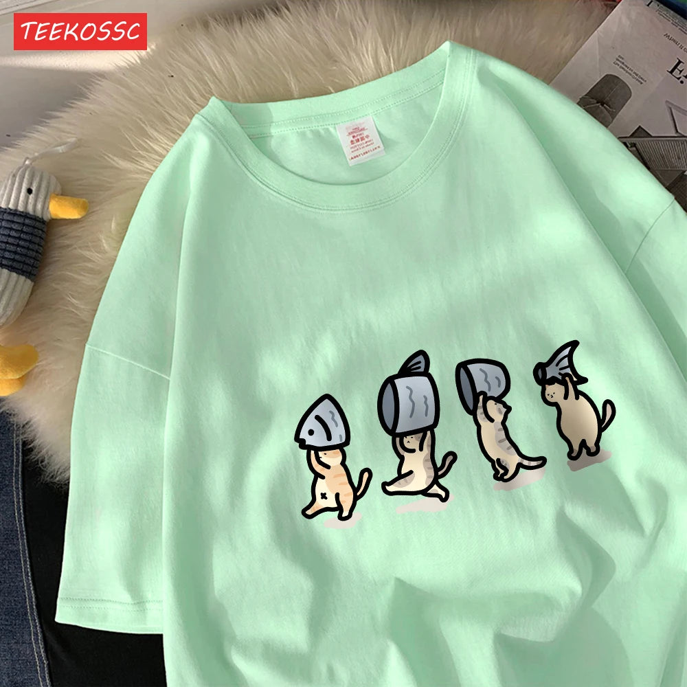 Four Little Cats Holding Fishcotton Women T-Shirts Cartoons Prints T Shirts Soft O-Neck Loose Short Sleeve Tops Summer Clothes