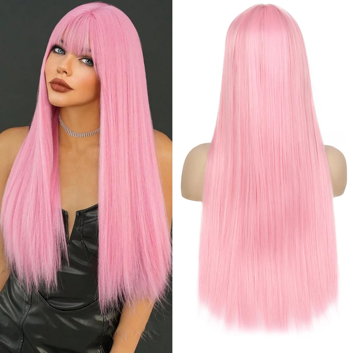 New light pink synthetic wig for long straight hair for party, Halloween cosplay, daily use, high-temperature hair accessory
