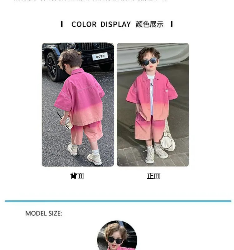 2026 New Boys Fashion Gradient Pink Shirt Shorts Set Loose Fit Casual Kids Two Piece Outfit Breathable Children's Streetwear 3-8
