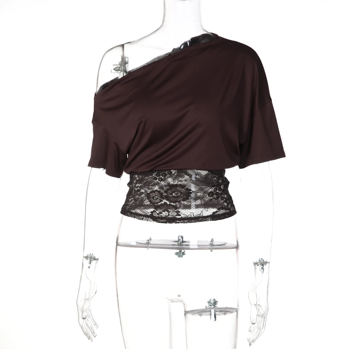 Dulzura Inclined Shoulder Short Sleeve Slim Lace Patchwork T-Shirt Women'S Vintage Sexy Casual Y2K Top Party Club Summer Clothes