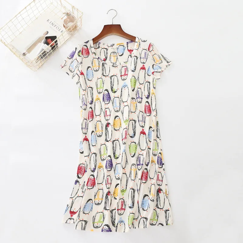 Summer Women Casual Cartoon Sleep Dress 100% Cotton Nightgown Plus Size Dresses Women Chemise de nuit Short Sleeve Home Dress