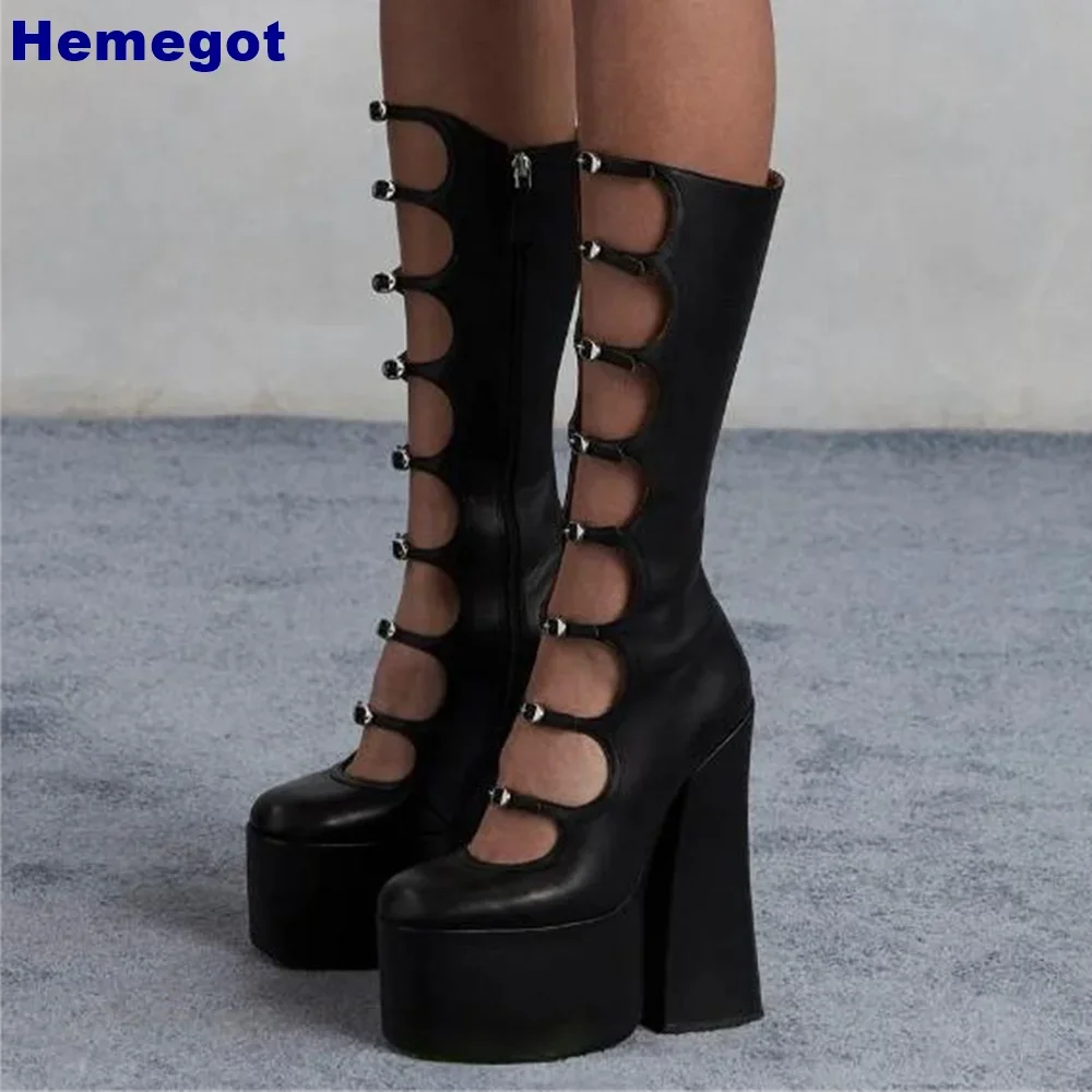 Patent Leather Belt Buckle Sexy Boots Platform Party Zip Summer Fashion Women Lolita Boot Hollow Street Punk Thick High Heels