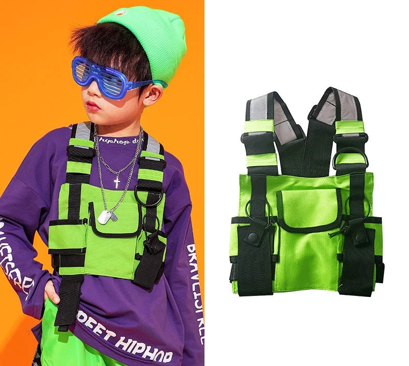 Boys Hip Hop Cool Vest Girls Cargo Pant Outfit Child Sweatshirt Chest Bag Joggers Street Dance Kids Streetwear Costume Sportwear