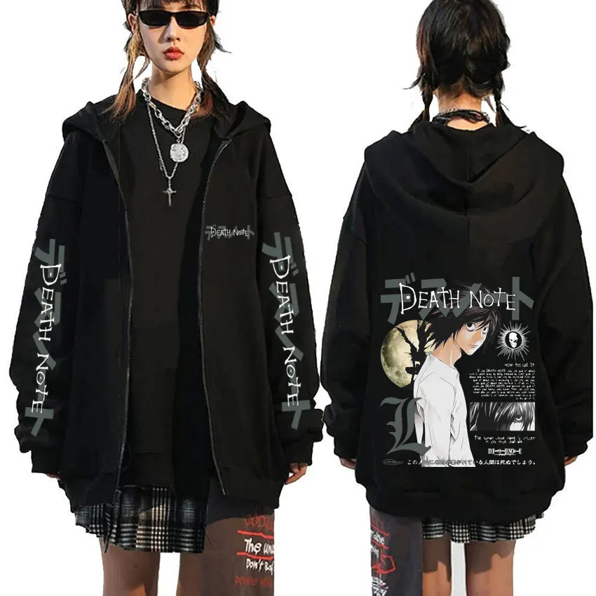 Anime Death Note L Lawliet Graphic Zipper Hoodie Men Women Casual Oversized Cotton Zip Up Jacket Male Vintage Zip Up Sweatshirt BAZAARHUBO