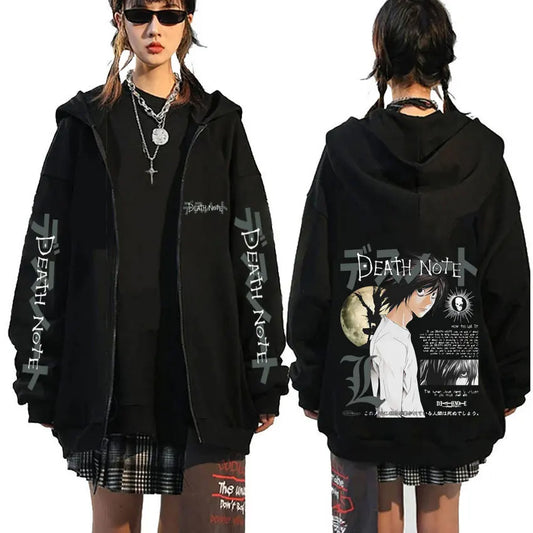 Anime Death Note L Lawliet Graphic Zipper Hoodie Men Women Casual Oversized Cotton Zip Up Jacket Male Vintage Zip Up Sweatshirt