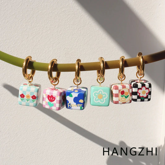 HANGZHI Macaron Color Checkerboard Dice Earrings Tulip Daisy Flower Heart Print Dangle Ear Hoop for Women Girls Party Jewelry