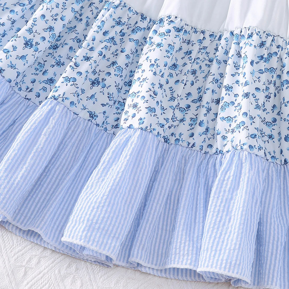 Fashion kids girl Summer Dress Set +Bag Blue White Floral Layered Ruffle Sleeveless Sundress for 2-7Y Casual Children Clothes