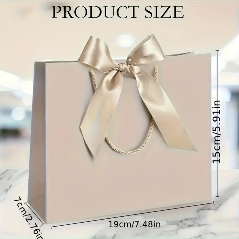 10pcs (5 Bags + 5 Ribbons) Elegant Beige Thank You Gift Bags, Paper Gift Bags, Shopping Bags with Golden Bows - Foldable