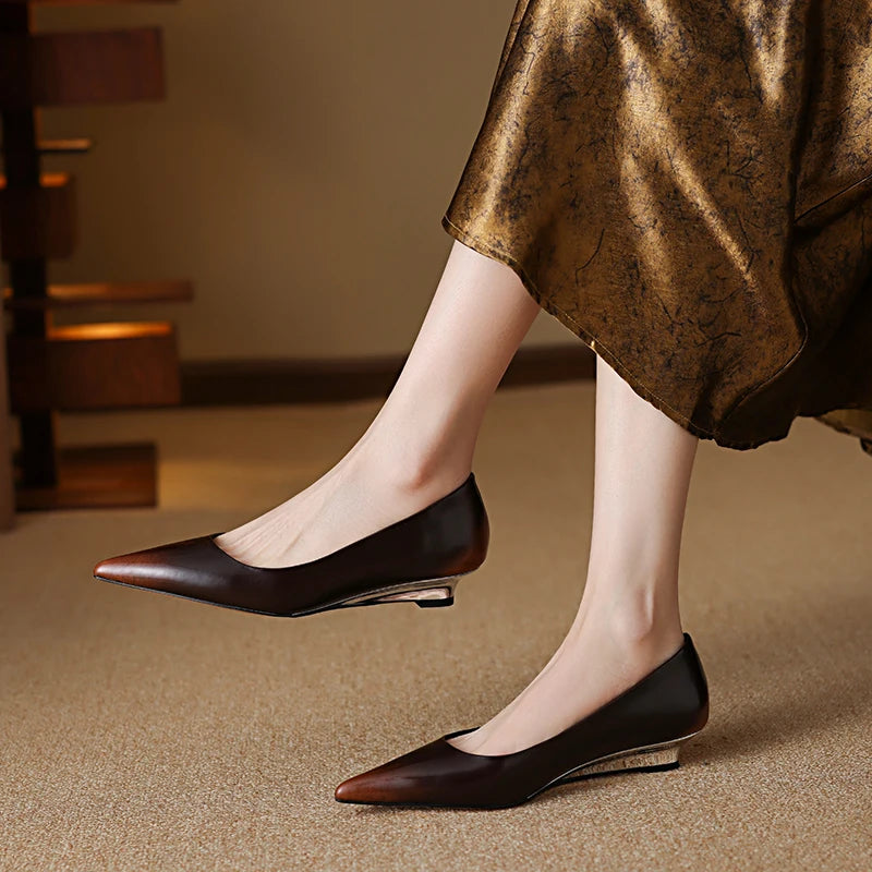 QUTAA 2025 Fashion Women Pumps Shoes Wedge High Heels Pointed Toe Genuine leather Slip-On Office Shoes Dress 34-42