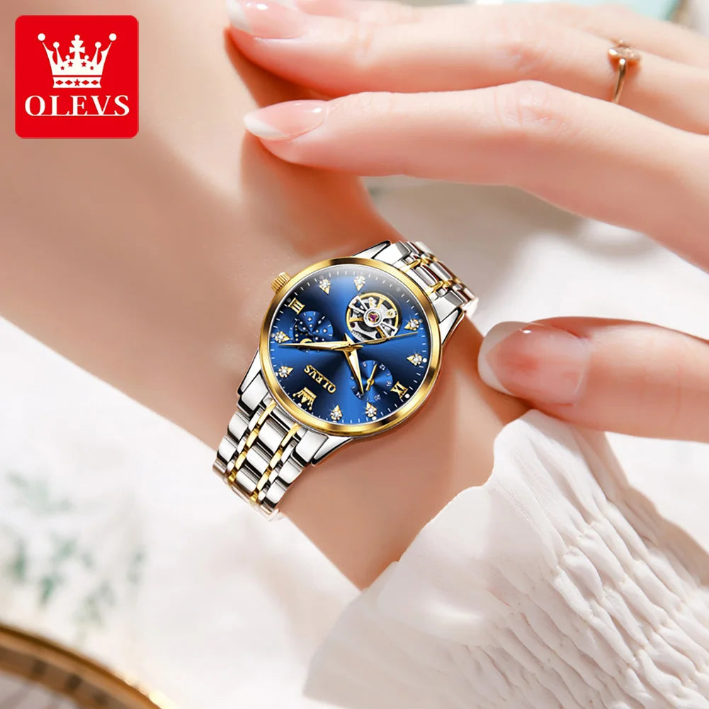 OLEVS 6608 Women Watch Original New Luxury Watch Stainless Steel Automatic Mechanical Diamond Scale Waterproof Watches For Women