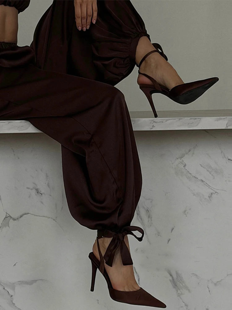 Women's Trousers 2 Pcs Suits Pleated Spaghetti Strap Cropped Tube Tops Elastic Waist Lace Up Pants Charming Ladies Partywear New