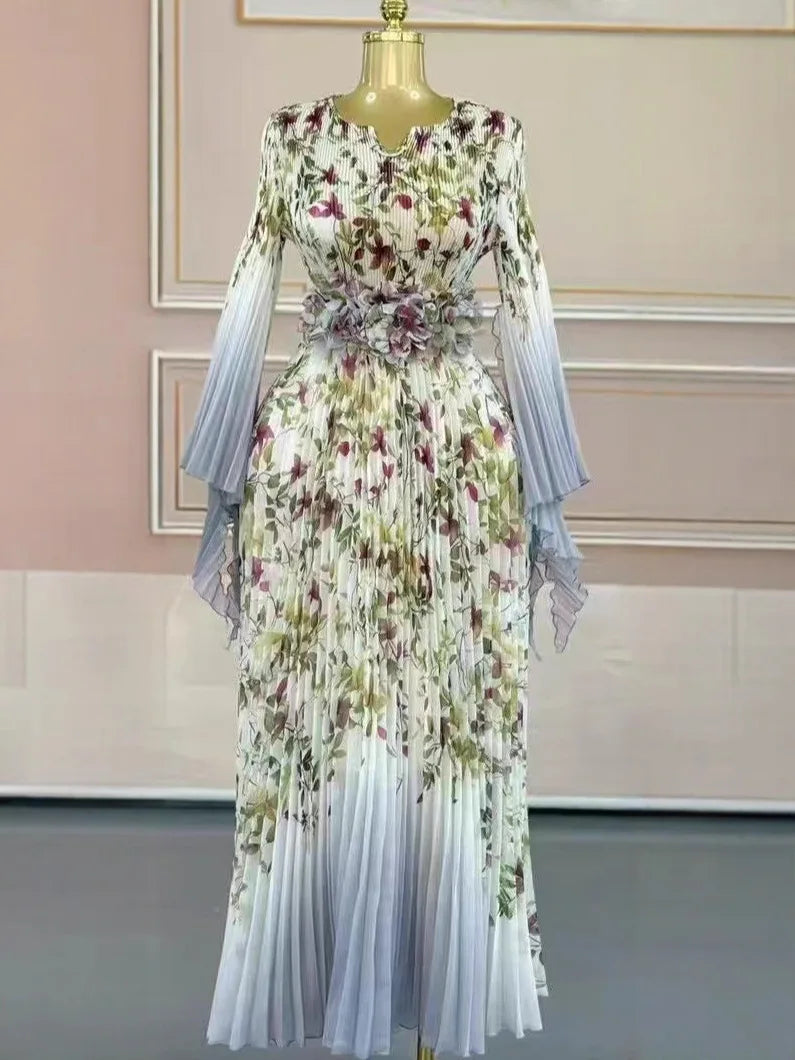 Miyake 2025 African Elegant Dress Autumn Dress New Temperament Celebrity Waist Fashion Long Dress Women's Clothing