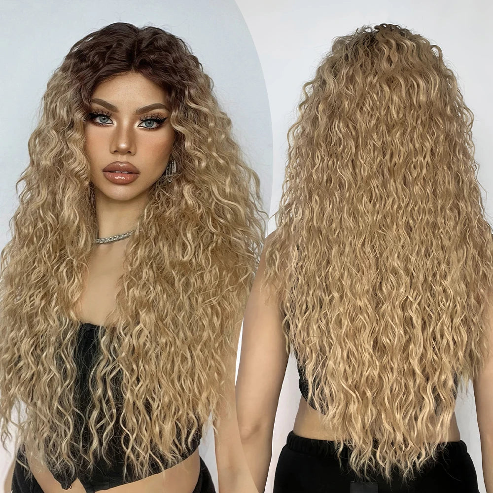 Long Afro Kinky Curly Lace Front Synthetic Wigs Brown Blonde Ombre Wig Dark Root Transparent Deep T Part Lace Wig for Women Use