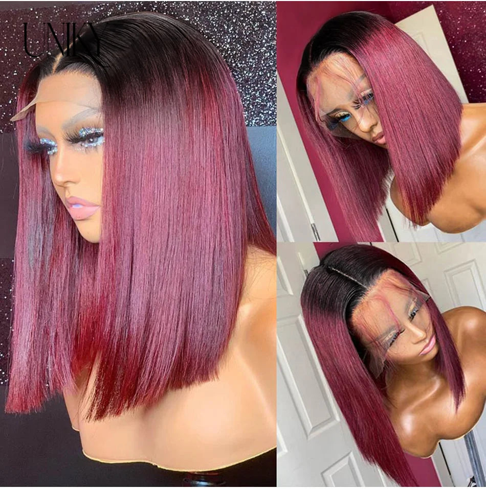 Burgundy HD Transparent Lace Front Human Hair Wigs 99J Red Straight 13x4 Lace Front Wig For Women  4x4 Lace Closure Straight wig