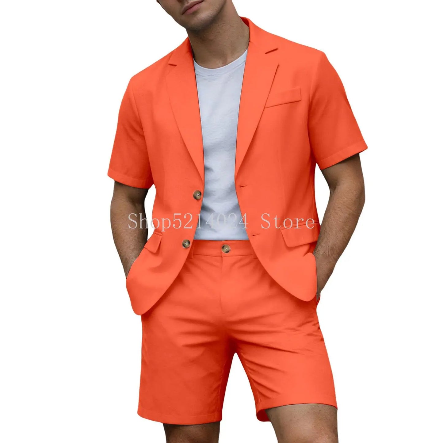 Suits for Men Short Sleeve Blazer Jacket Shorts Set Lightweight Wedding Party Business Casual Formal Outfits