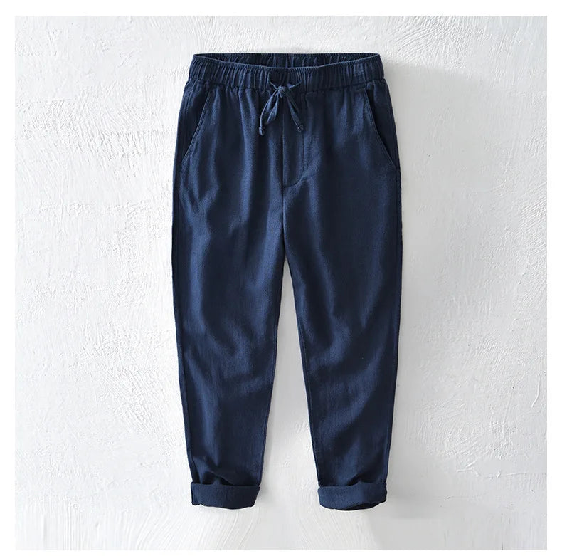 70% Linen,30% Cotton Men's Drawstring Elastic Waist Casual Pants, Straight Loose Ramie Trousers, Camping Fishing Comfortable
