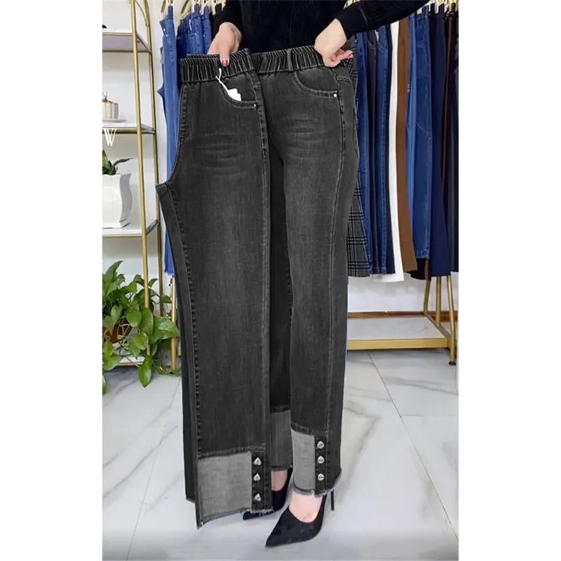 Plus Size Middle Aged Womens Jeans Elastic Waist High Waist Loose Denim Pants