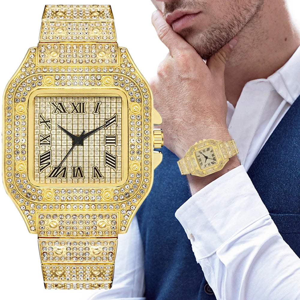 Luxury Men's Business Watches Steel Strap Square Roman Scale Rhinestone Quartz Watch Lesiure Male Wristwatch Relogio Masculino