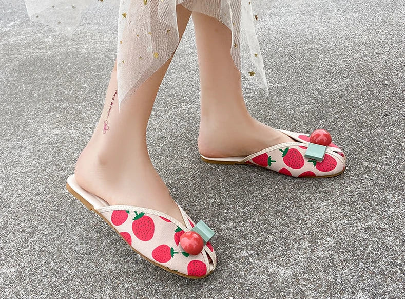 Slides Kawaii Shoes Round Toe Cute Women's Slippers and Ladies Sandals Mules Summer 2025 Flat Outside Comfortable Elegan Y 39 W