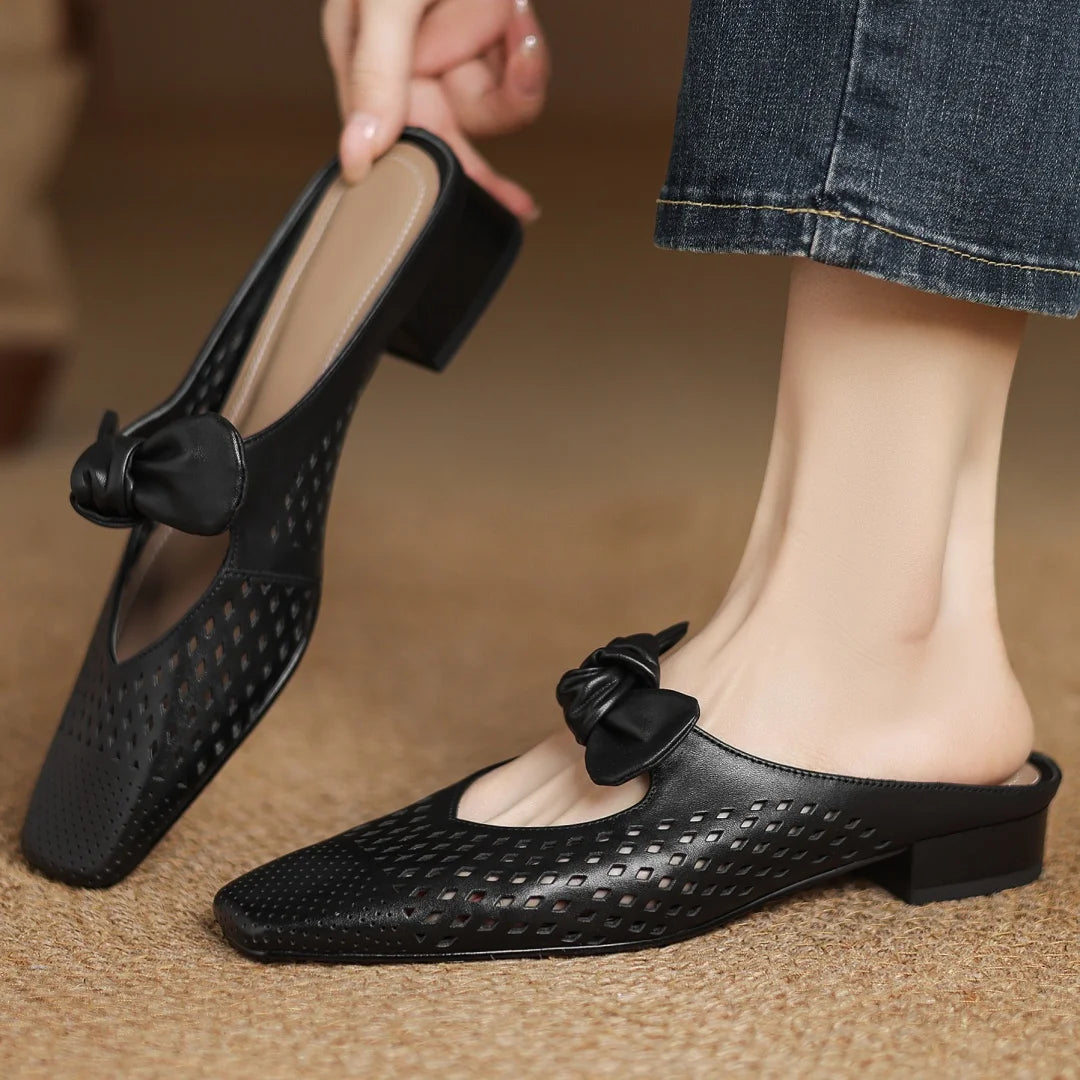 2025 Summer new plus size 34-41 women's hollow-out cow leather slip-on flats summer slides sandals sweet bowtie elegant mules