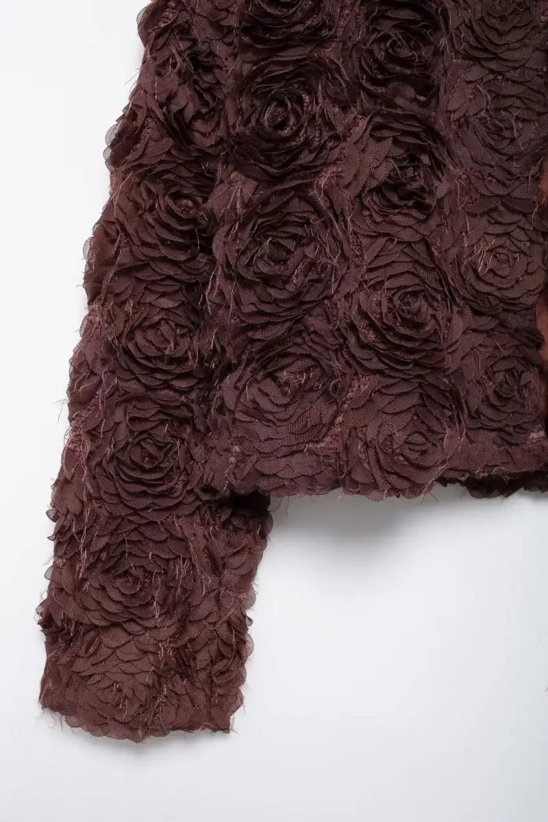 Spring and Autumn Simple Pure Color Round Neck Tops with Three-Dimensional Flower Shaped Texture Long Sleeved Jacket for Women