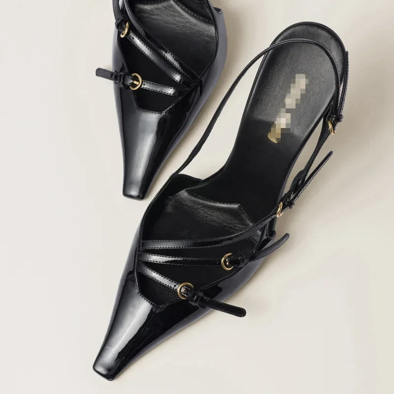 Triple Buckle Sling Back Women Summer Sandals for Women Office Small Square Head High Heels Pointed-toe Back Loop High Heels