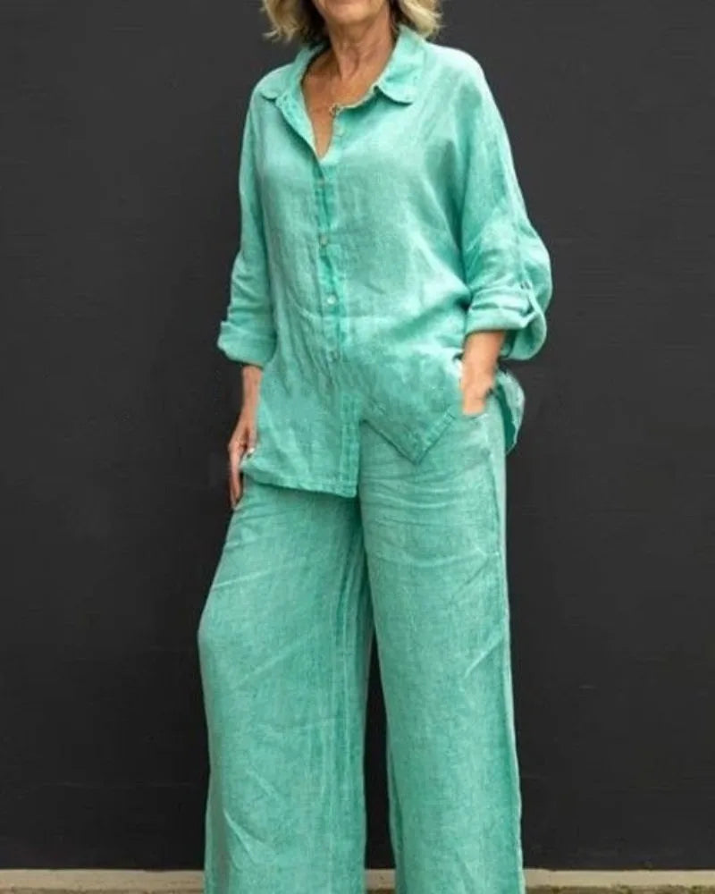 Spring Summer Women Lapel Long Sleeve Shirt High Waist Wide Leg Pants Set