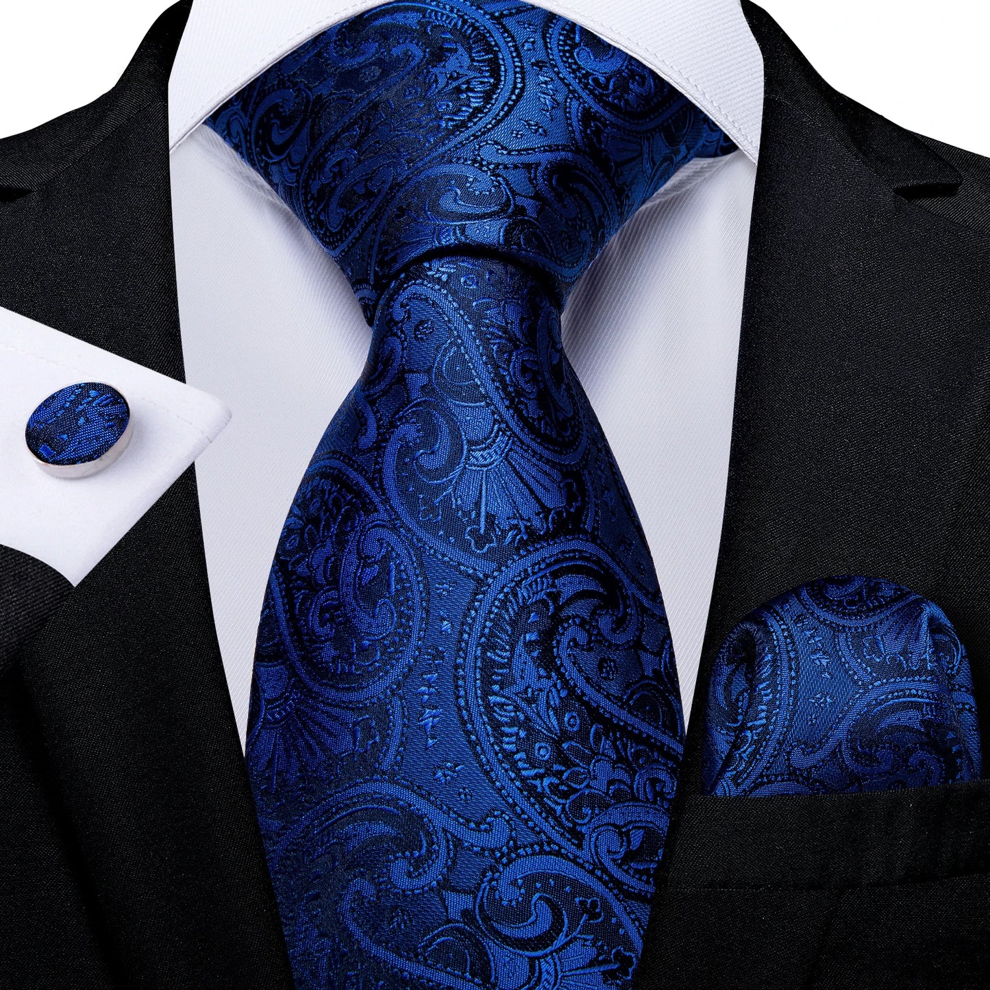 Royal Blue Paisley Plaid Striped Men tie Set with Handkerchief Cufflinks Wedding Prom Groom Accessories Perfect Gift for Men BAZAARHUBO
