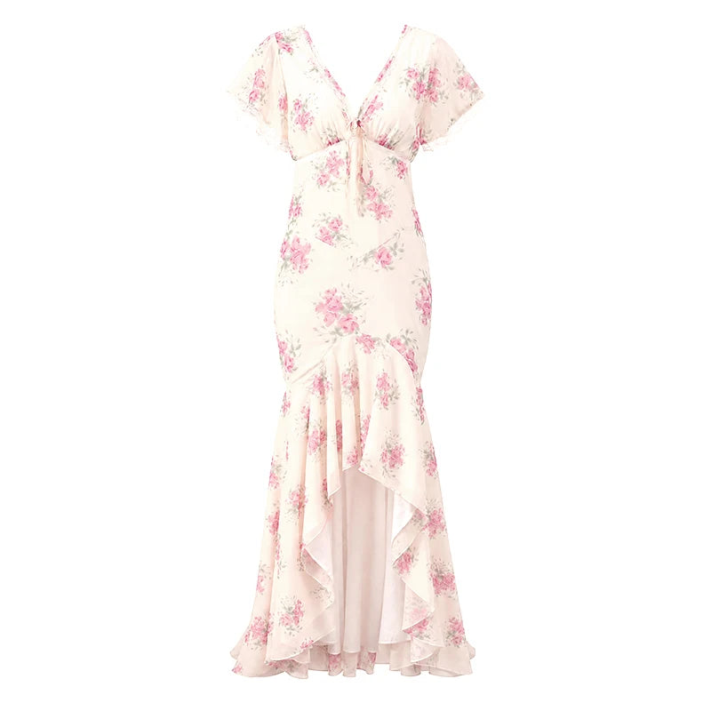 Women Elegant Printed Fishtail Dress Sexy V-neck Short Sleeve Waist-cinching Pleated Slim Maxi Dresses 2026 Lady Vacation Robe