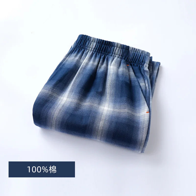 Spring Summer High Quality Pants Men 100% Cotton Sleep Bottoms Male Plus Size Night Trousers Men Casual Loose Plaid Home Pants