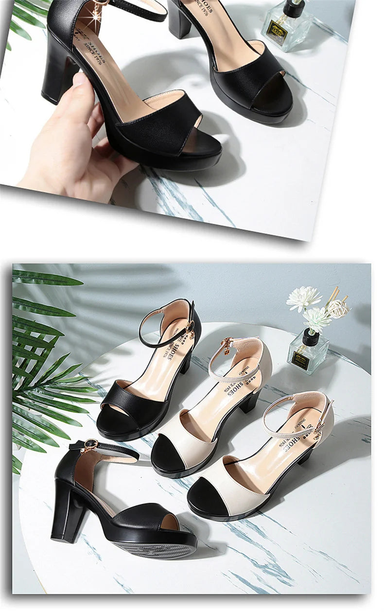 Summer Women Block Heels Fashion Breathable High Heels Sandals Classic Fish Mouth Buckle Versatile Waterproof Platform Sandals