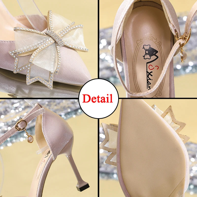 Rimocy Sexy Thin Heels Ankle Strap Pumps Women Lace Bowknot Wedding Party Shoes Woman Elegant Pointed Toe Silk High Heels Shoes