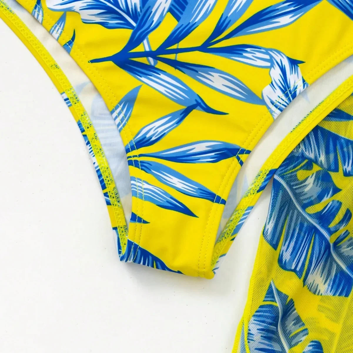 High Waist Leaf Print Bikini Swimsuit with Net Cover up Slimming Design Cross-Border New Style Women's Fashion Swimwear