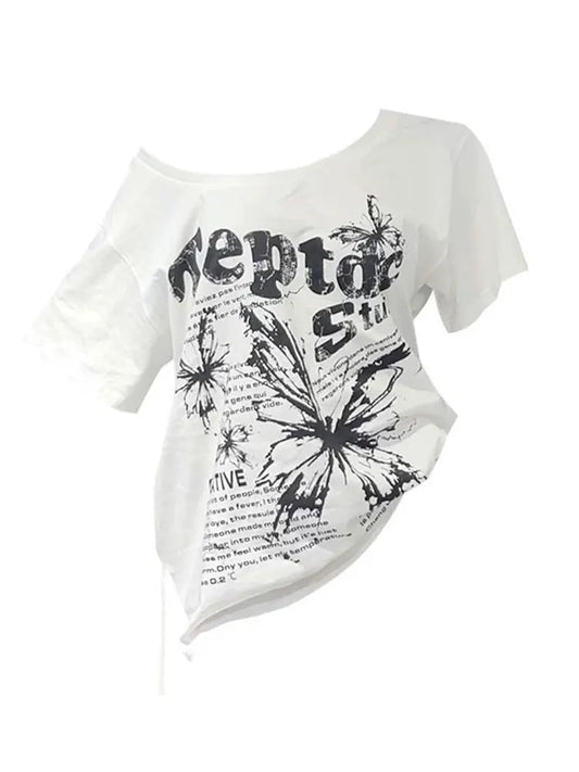 White Cotton Y2k Vintage Oversize Off shoulder Short sleeve T shirt With Print Women Casual Summer Top Butterfly Tees