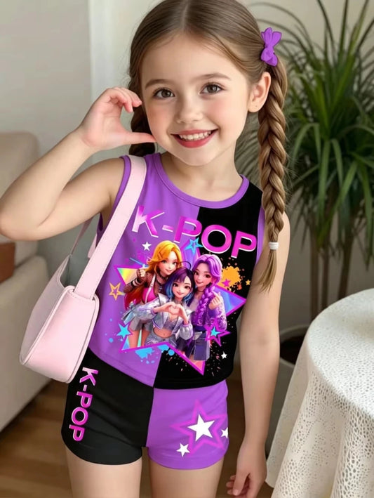 Kids Clothes Girls 2-Piece K-Pop Star Print Tank Top T-Shirt & Shorts Set Casual Streetwear Summer Daily Outfit Girls Clothes