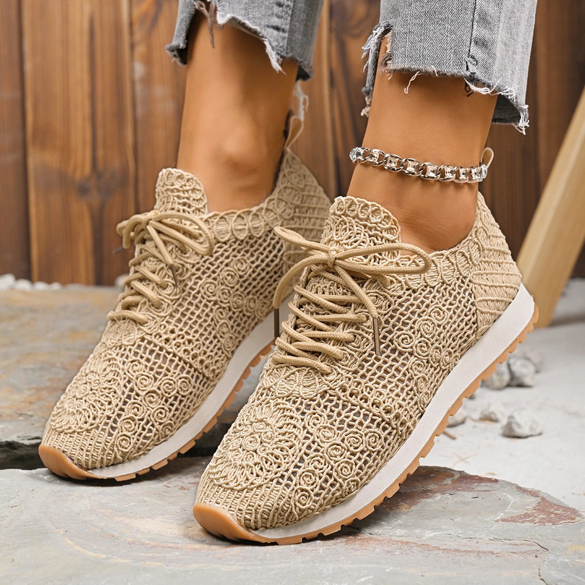 2026 Brown Knit Breathable Womens Sneakers Shoes New Platform Flats Woman Plus Size 43 Non Slip Casual Shoes Mesh Tenis De Mujer