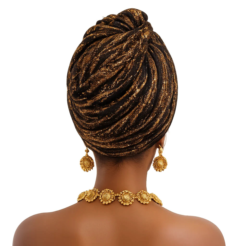 Metallic Shimmer Knotted Turban Head Wrap Women Stretch Crinkled Fabric Pre-Tied African Style Headscarf Daily Party Fashion Cos