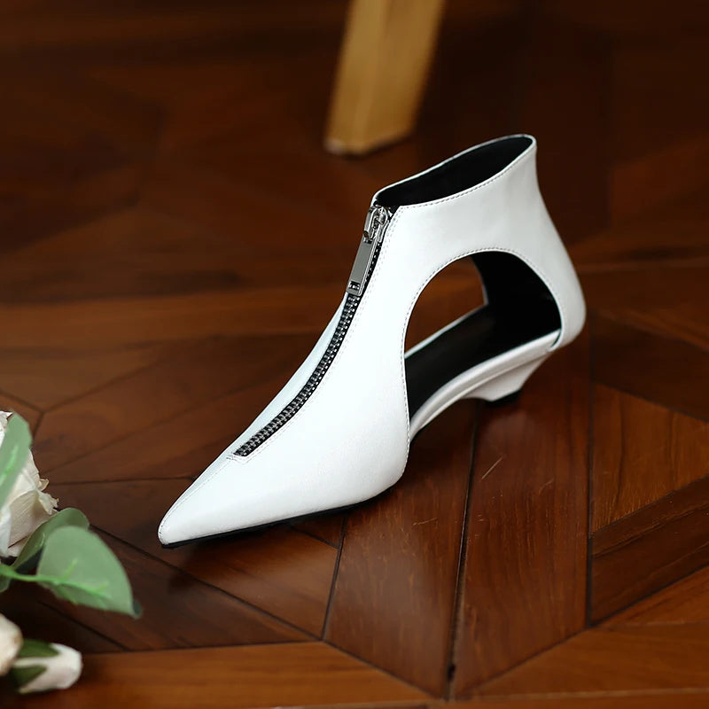 Original Design 2025 Spring Leather Women's Casual Black White Summer Boots Trendy Fashion Boots High Heels Zipper Shoes Woman
