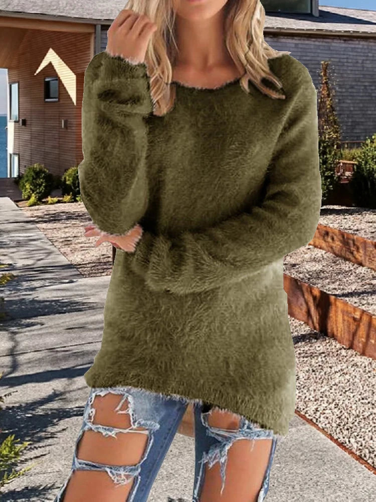 Women Loose Knitted Sweater O Neck Oversize Pullover Casual Long Sweater