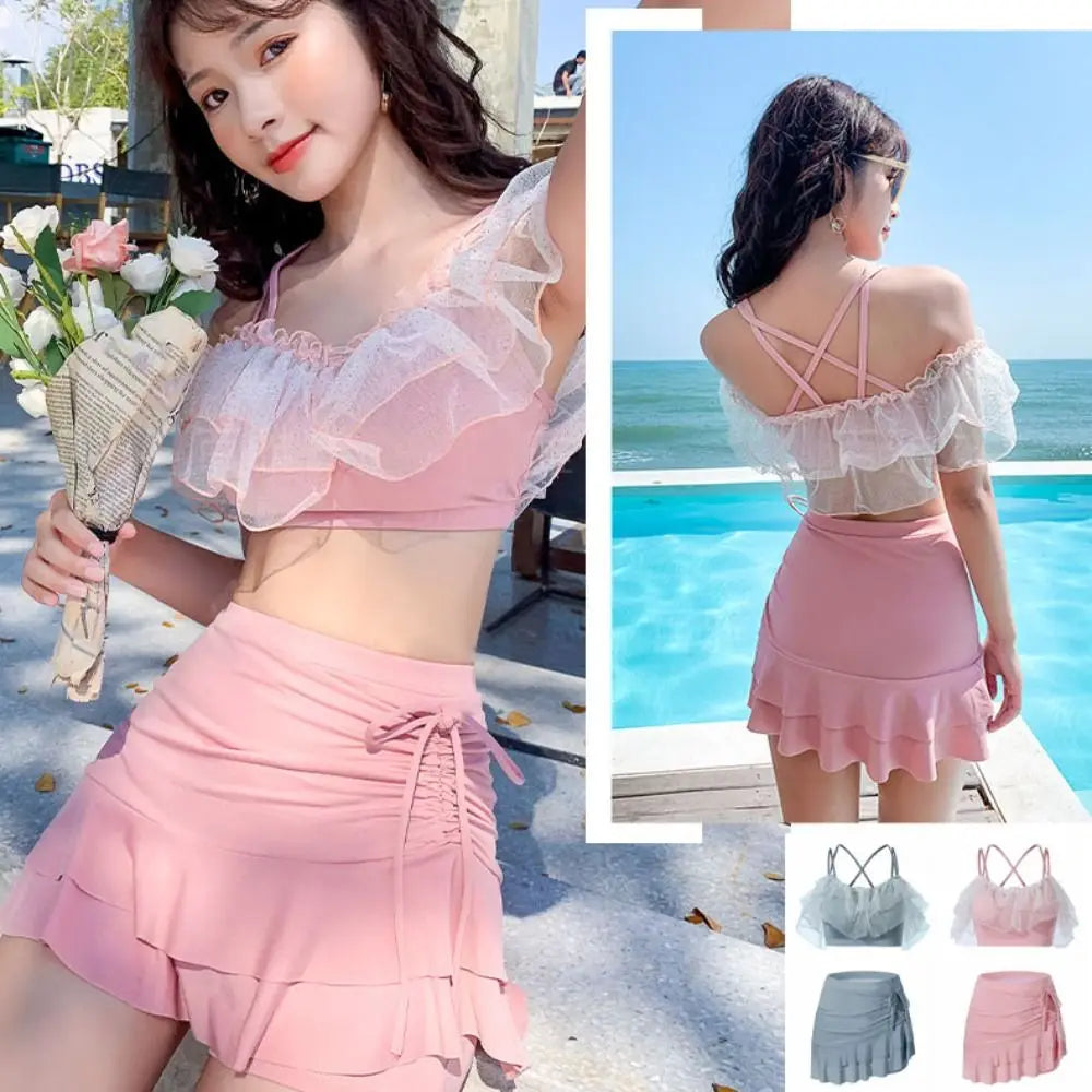 Slim Fit A-line Skirt Swimsuit Puff Ruffle Off Shoulder Lace Ruffled Bathing Suit Beachwear Two Pieces Set Swimwear Swimming