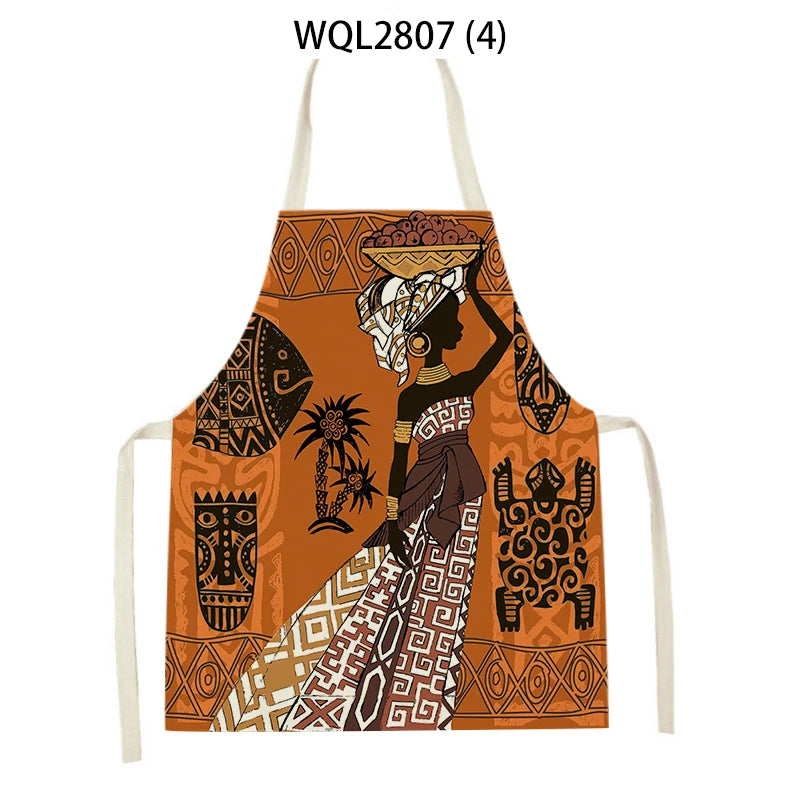 African Style Kitchen Aprons Linen Cooking Waist Bib African Woman Pattern Household Cleaning Sleeveless Pinafore Baking Aprons