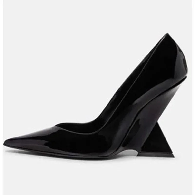 Summer 2024 New High Heels Thick Sole Thick Heel Lacquer Leather Shallow Mouth Pointed Fashion Sexy Women's Oversized Shoes